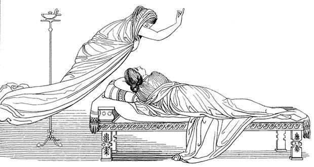 アテナ、ペネロペの姉妹イプティメを装って、息子の帰還を告げる。