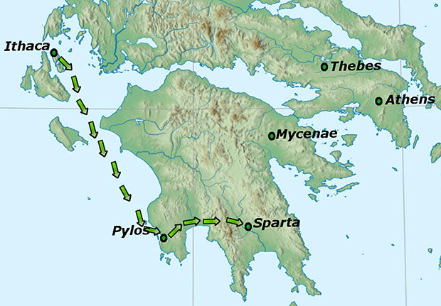 テレマコス、ピュロスからスパルタへ。